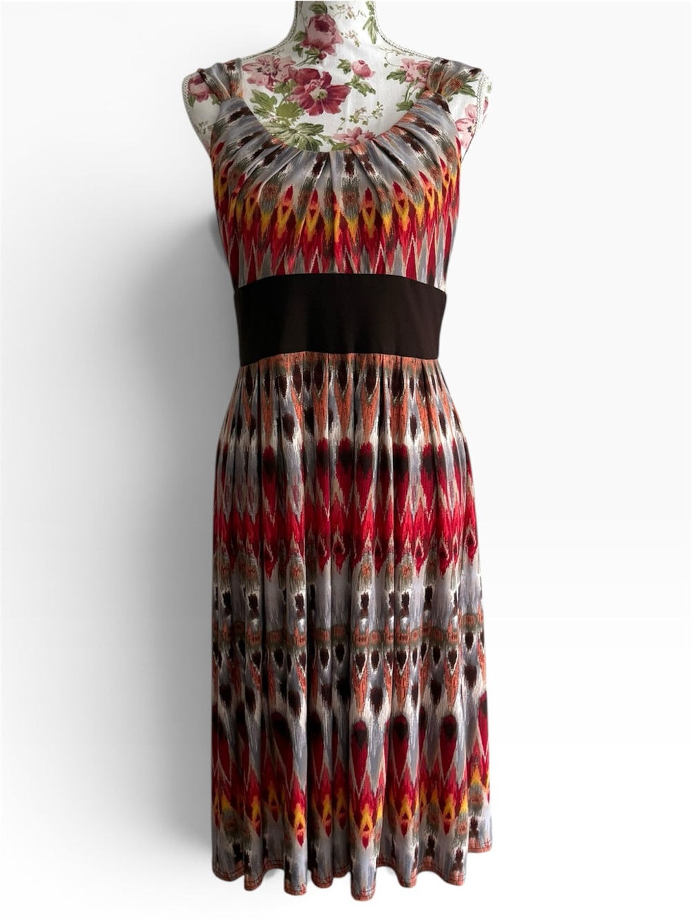 R&M Richards Multicolor Ikat Midi Dress with Black Waistband